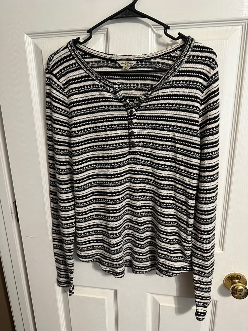Lucky Brand Black and White Striped Long Sleeve Henley Top
